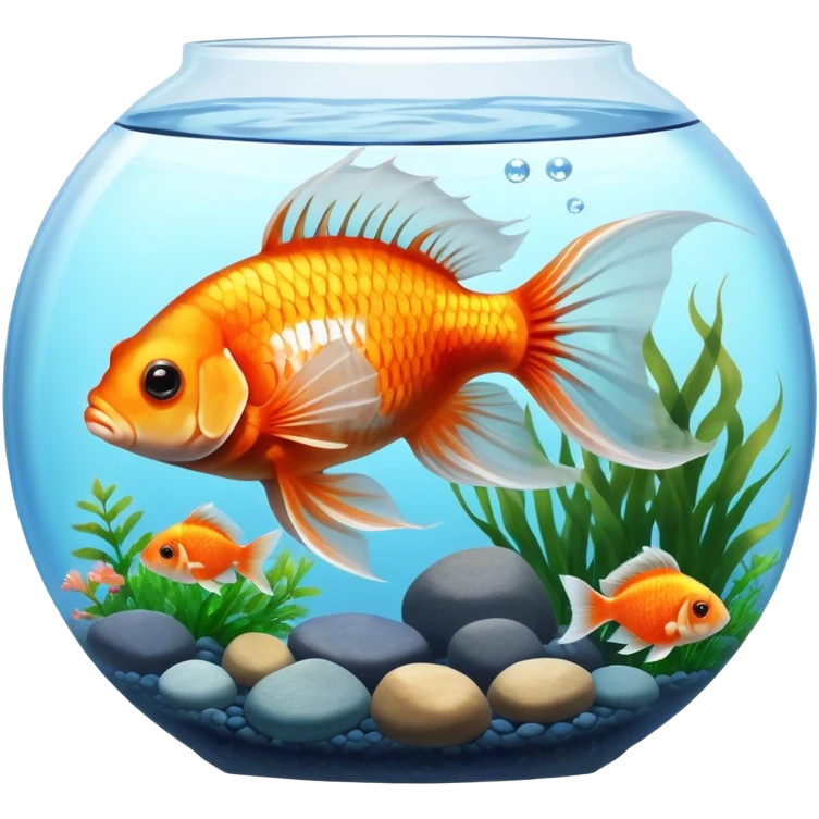 Large aquarium fish like veil tails and lionhead goldfish swimming gracefully in a beautifully decorated aquarium. Colorful aquatic plants, smooth rocks, and gentle bubbles surround the fish. The water shimmers in sunlight, creating a peaceful and vibrant underwater scene. Transparent background. emoji