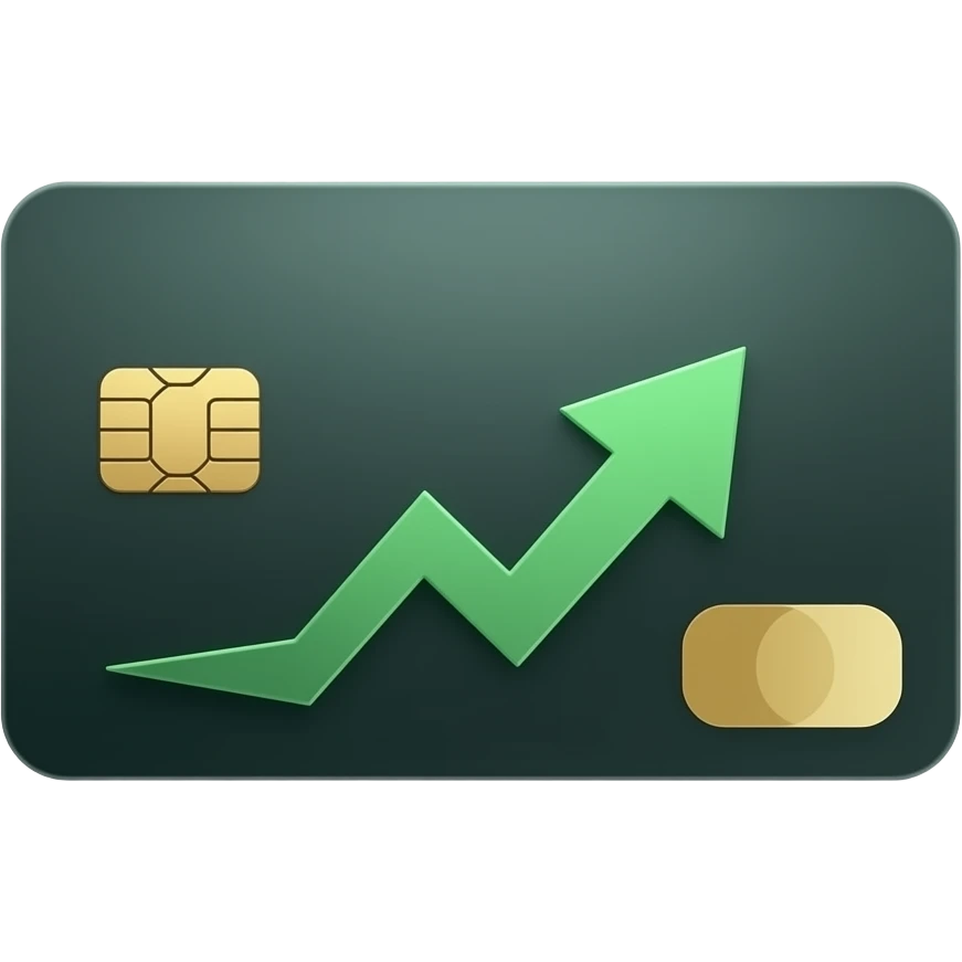 Minimalist 3D render of a sleek credit card with a subtle upward arrow, dark background, soft green accents, premium fintech style, lots of negative space emoji