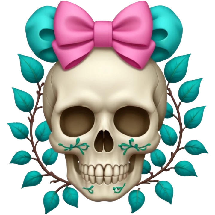 Skull with Pink bow with vines and teal roses emoji