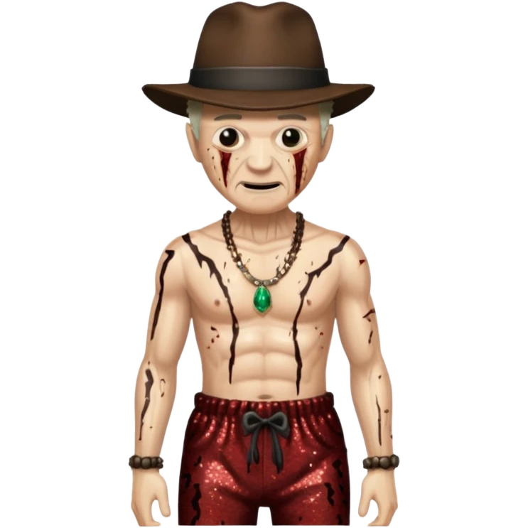Freddy Krueger with burned skin, dark brown sequin baggy pants, shirtless with necklace emoji