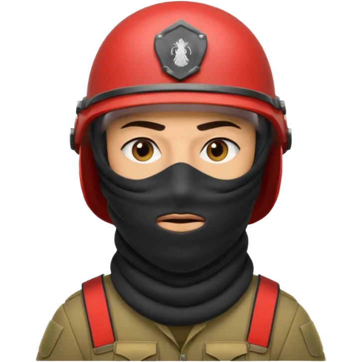
an Iraqi soldier with a serious face, wearing a helmet and a balaclava covering his mouth emoji