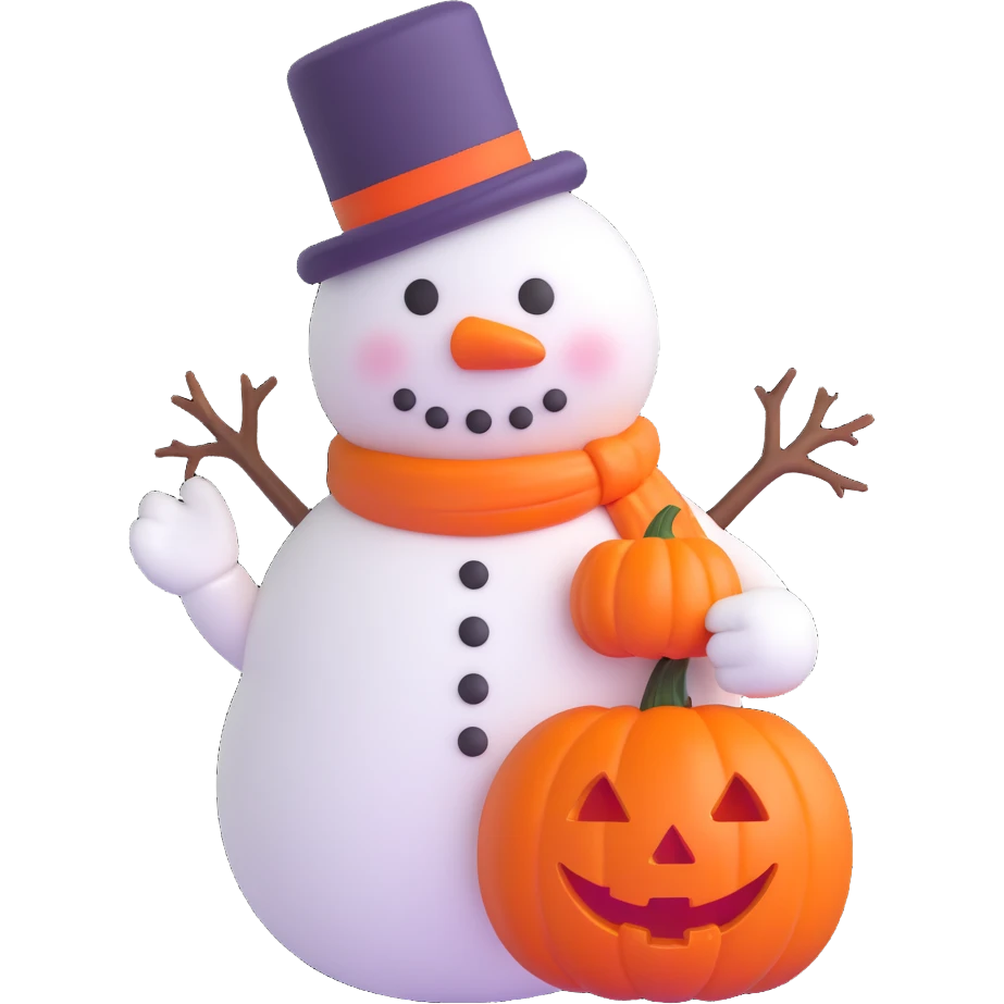 snowman with carved pumpkin head, 3D emoji style emoji