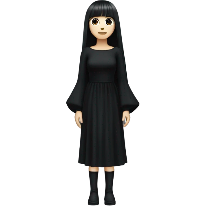  one single goth women full body, wearing long big bell arms, black dress, long hair with bangs, white skin, dark hair,  emoji