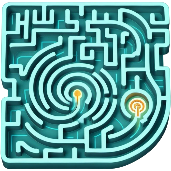 An icon showing an aerial view of a maze, with winding paths and dead ends, symbolizing indoor and city-based escape rooms. A glowing arrow points the way forward, representing the challenge of solving puzzles and finding the exit. .transparent background. emoji