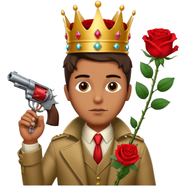Мужчина с короной на голове, в одно руее роза в другой револьвер emoji