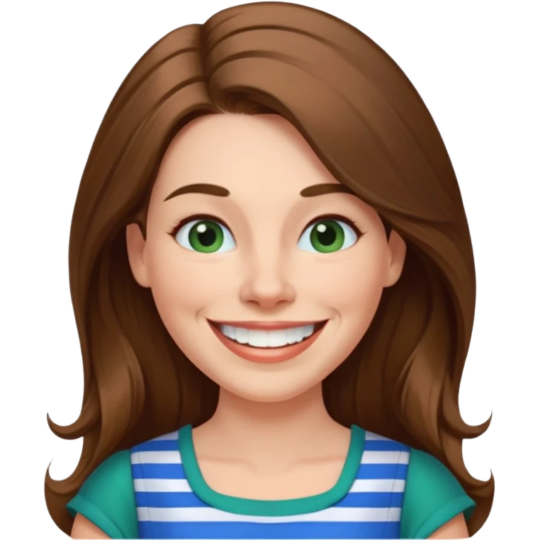 40 yr Caucasian woman, long brown hair parted on side, white stripe in hair, blue green dress ,big smile, white teeth, dimples emoji