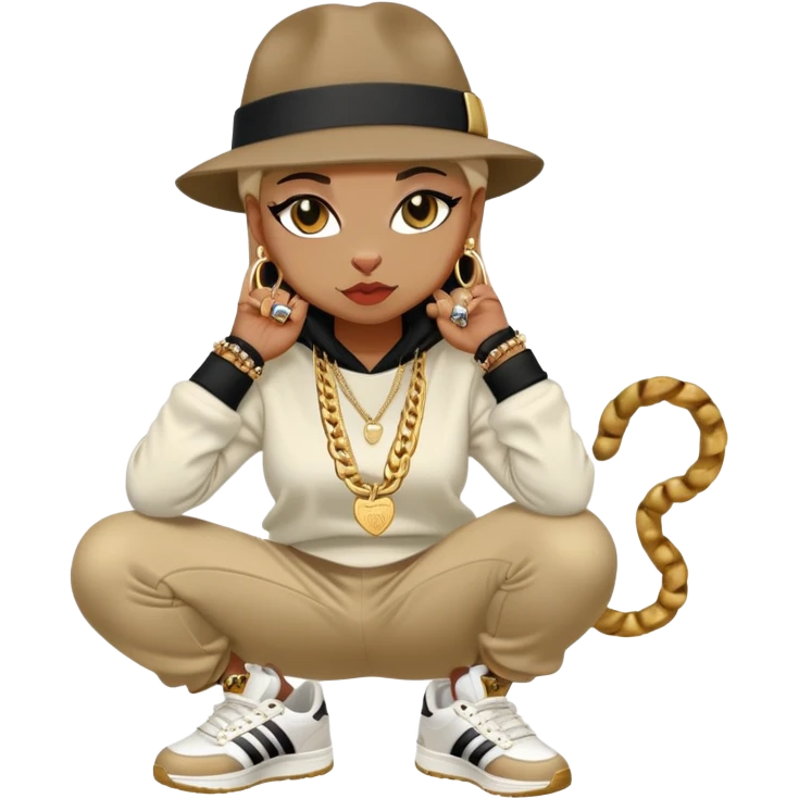 female cat wearing Run DMC hip-hop outfit with tracksuit, fedora, Adidas sneakers, many gold chains, rings, bracelets, flashy earrings, whispering to a friend, no sunglasses emoji