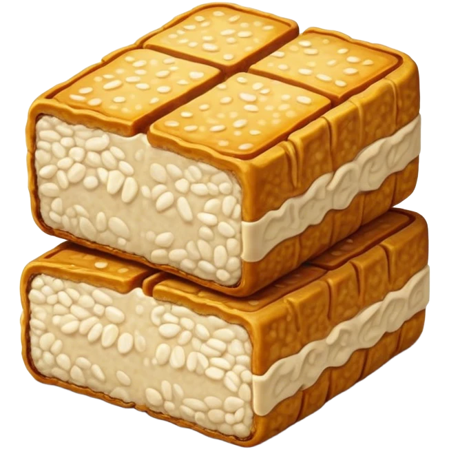Tempeh Cinematic Realistic Tempeh Dish Emoji, depicted as crispy, sliced portions of fermented soy cake with a golden-brown finish, rendered with detailed textures and warm, inviting lighting. emoji