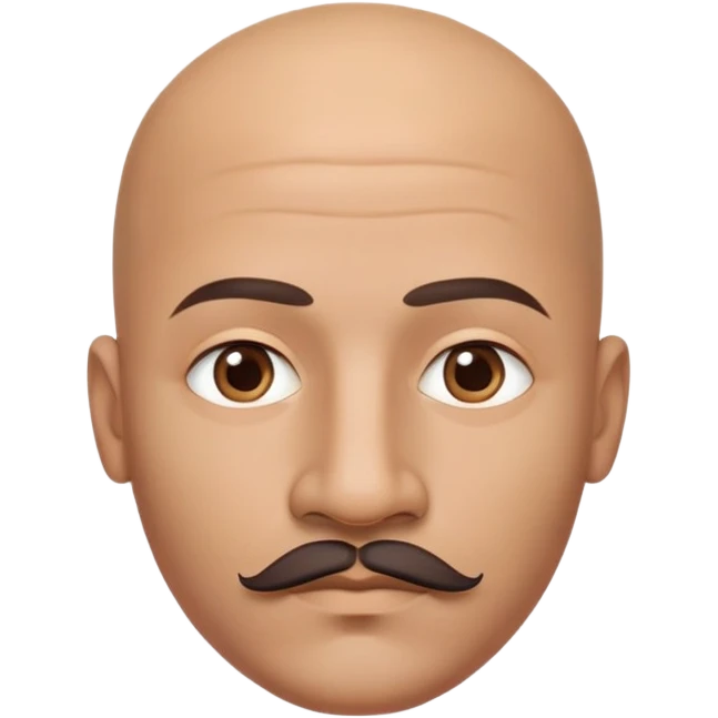 Bald man with oval smooth head, indigenous facial features, 37 years old, with only a mustache and contour from chin to lips, memoji style emoji
