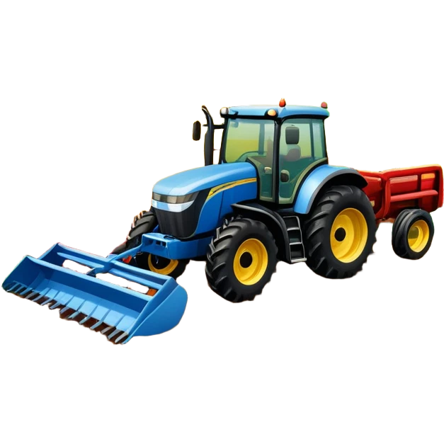 An icon representing a farming simulator, with a detailed tractor, plowing fields under a bright sky with a colorful rural landscape. The design includes farming tools, crops and barns, symbolizing the immersive experience of managing a farm. Transparent background. emoji
