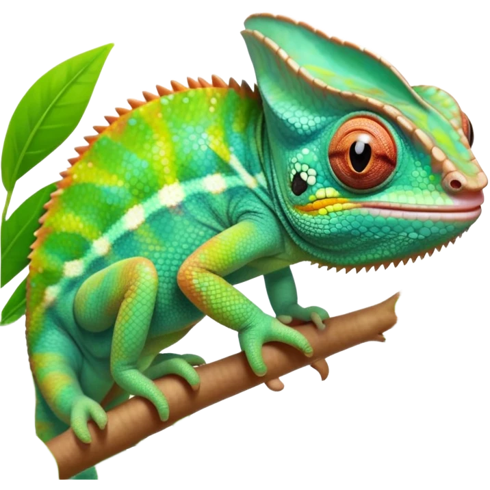 cinematic cute-smiling baby chameleon-realistic emoji,-blending-with-vibrant-greenery.-detailed-scales-in-shifting-colors,-showing-the-chameleon’s-ability-to-camouflage.-soft-natural-light-highlights-its-texture.-light-background, zoomed into its face emoji