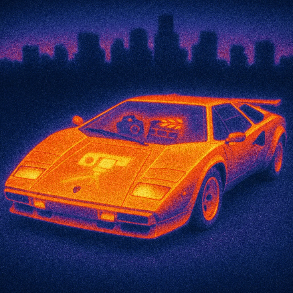 Lamborghini Countach with a camera and a clapperboard on the hood in a city background emoji