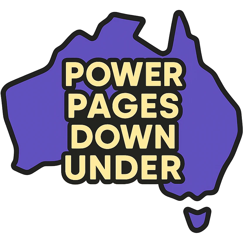 modern clean icon of Australia map with no border, text 'Power Pages Down Under' in bold geometric font, color scheme #403DAD, vibrant purple, #fff7ad, no Power Pages icon, no digital overlays emoji