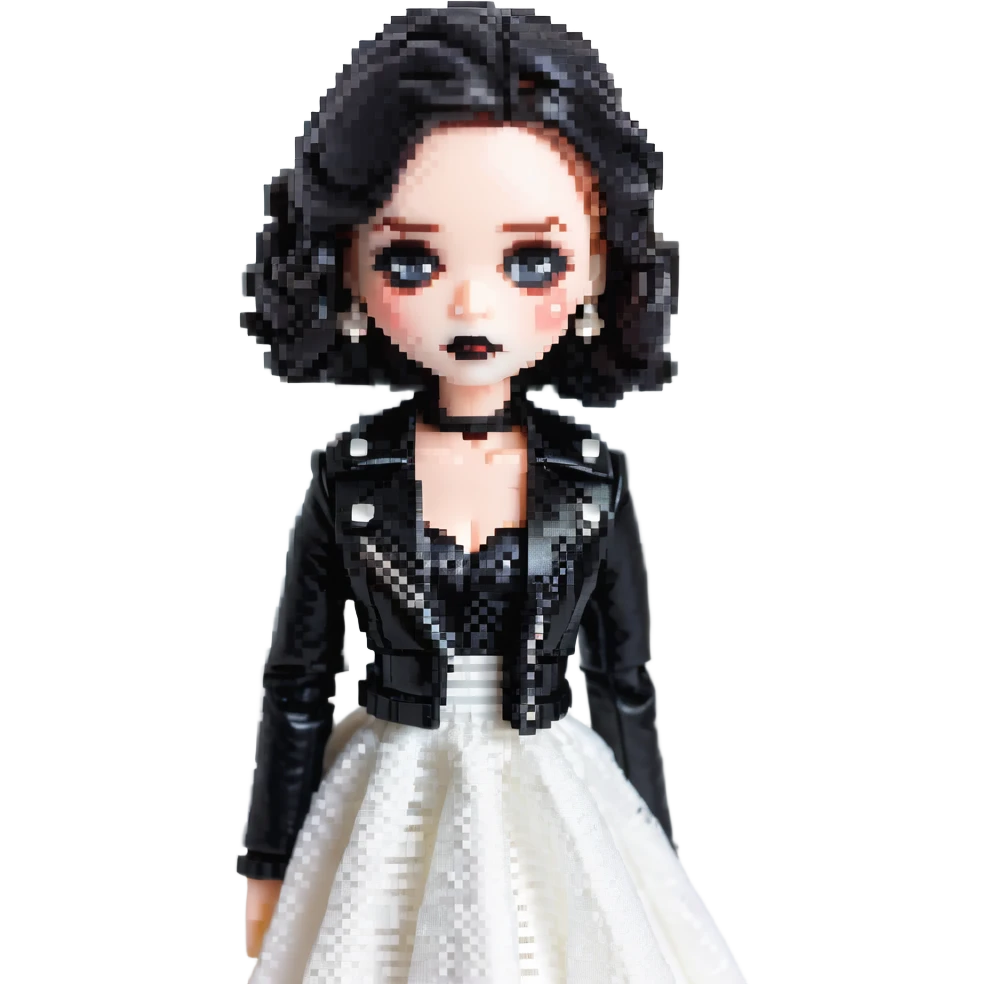 Chucky's bride doll with black lipstick, black dress, leather jacket, smoky eye makeup emoji