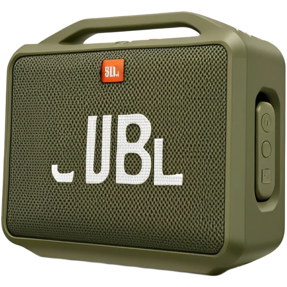 Military green JBL Go 4 portable speaker, compact size, with visible buttons and fabric speaker mesh, khaki colored electronic device emoji