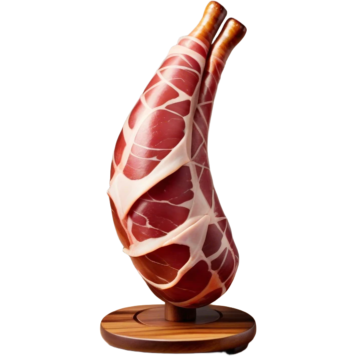 ​Cinematic Realistic Spanish Jamón Leg, depicted as a massive, cured leg of Jamón serrano (ham) with a deep reddish-brown hue, intricately marbled and slightly glossy with age, elegantly displayed on a rustic wooden stand and bathed in warm, soft lighting that accentuates its artisanal heritage, emoji