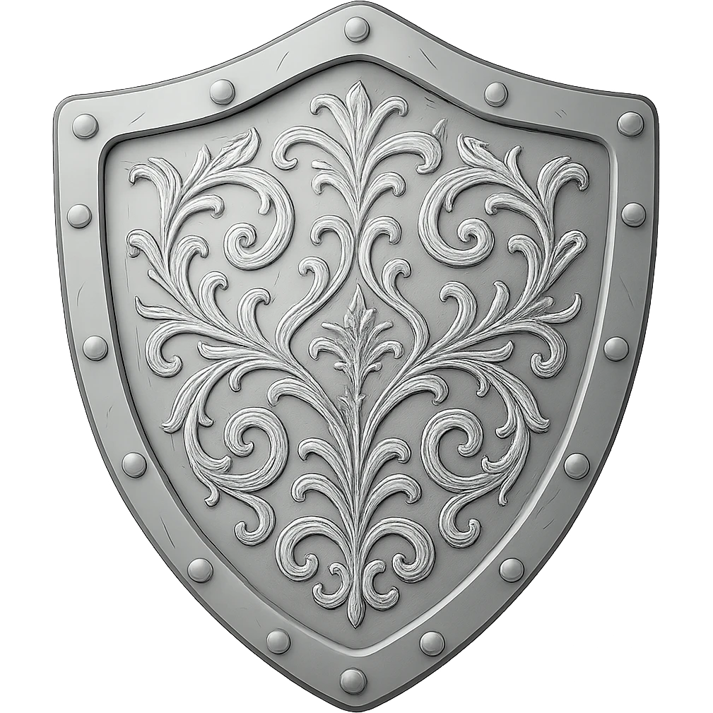 Add elegant engravings to the silver shield while keeping the very light silver color. No gold or gems. The style should resemble emoji style with a transparent background. emoji