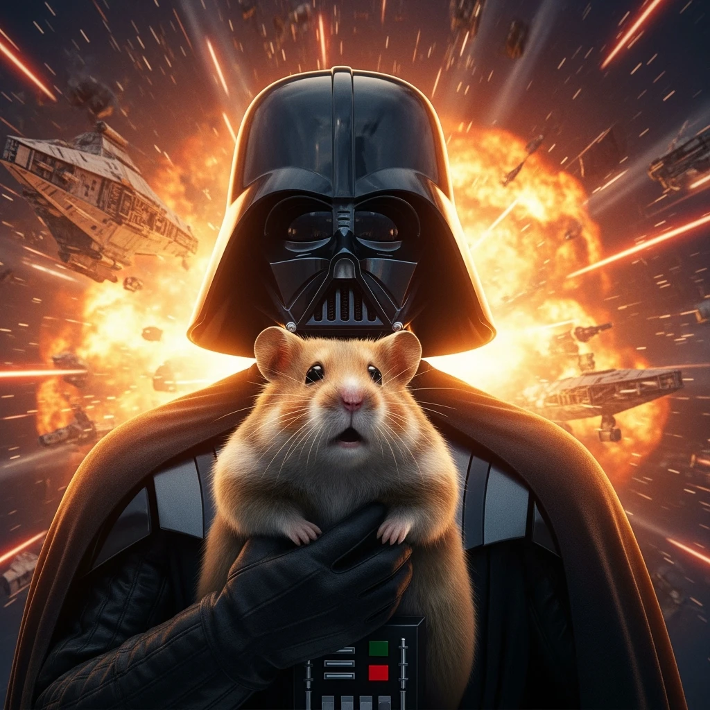 Cinematic still, Extreme Closeup Photo of a darth vader holding big hamster, low key light, explosion startship background with leading lines, back light, spot light emoji