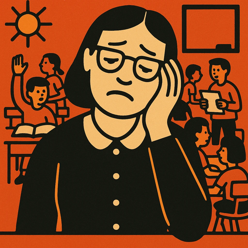 exhausted teacher in a bustling classroom emoji