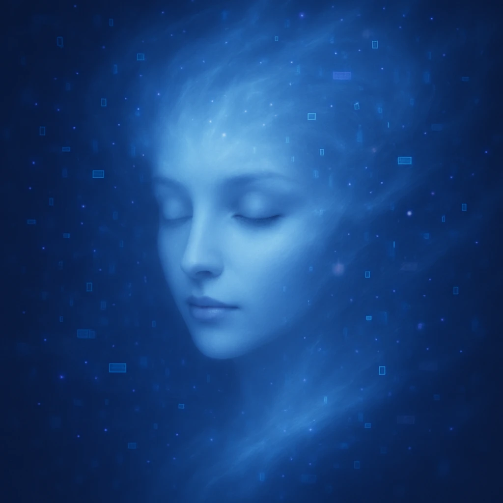 Make the swirling cloud of data and light look more human, with a clearer, gentle human face emerging from the data, keeping the dreamy, ethereal style. emoji