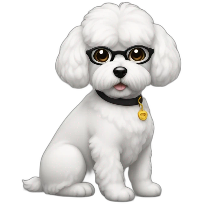 mujer con gafas pelo negro moño y perro bichon blanco emoji