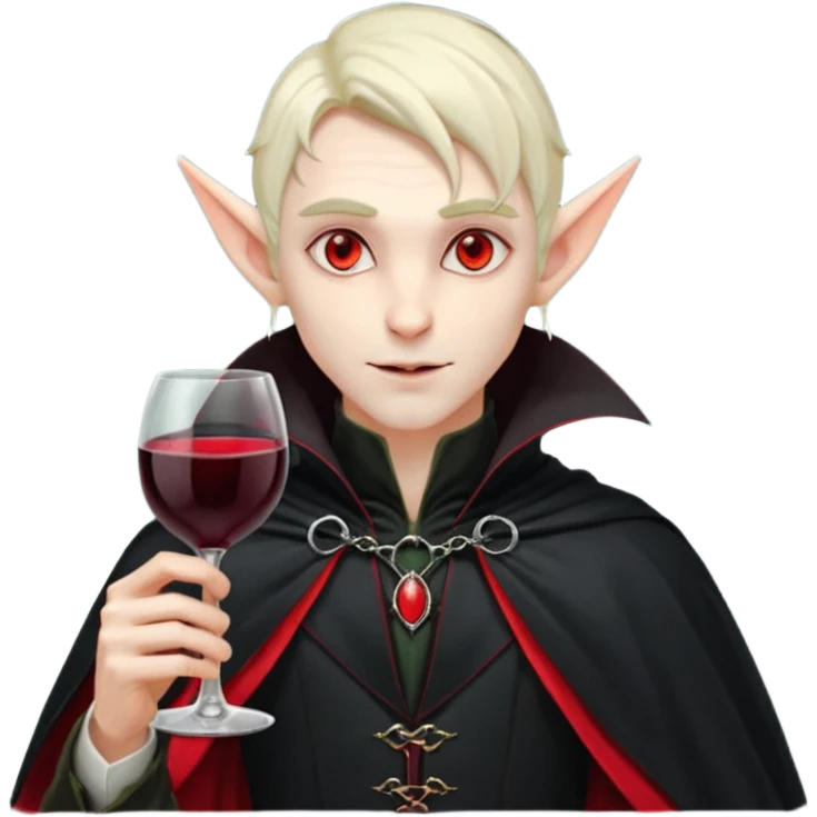 male elf vampire emoji, pale skin, red glowing eyes, long pointed ears, black high-collared cloak with red lining, holding a wine glass filled with red liquid, elegant Halloween fantasy look, smooth Apple emoji style, clean white background, square image emoji
