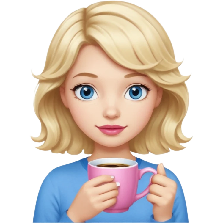 Girl Blonde short wavy hair,  blue eyes, cute blue top, long lashes, pink lips, holding white hot coffee mug emoji