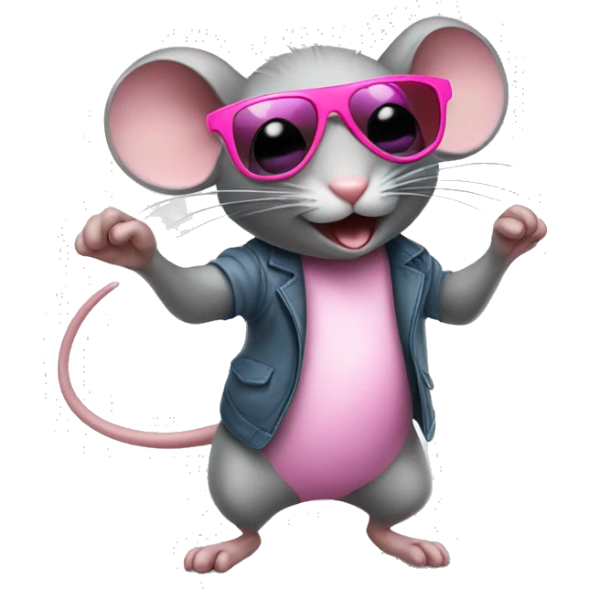 A grey mouse with pink sunglasses dancing emoji