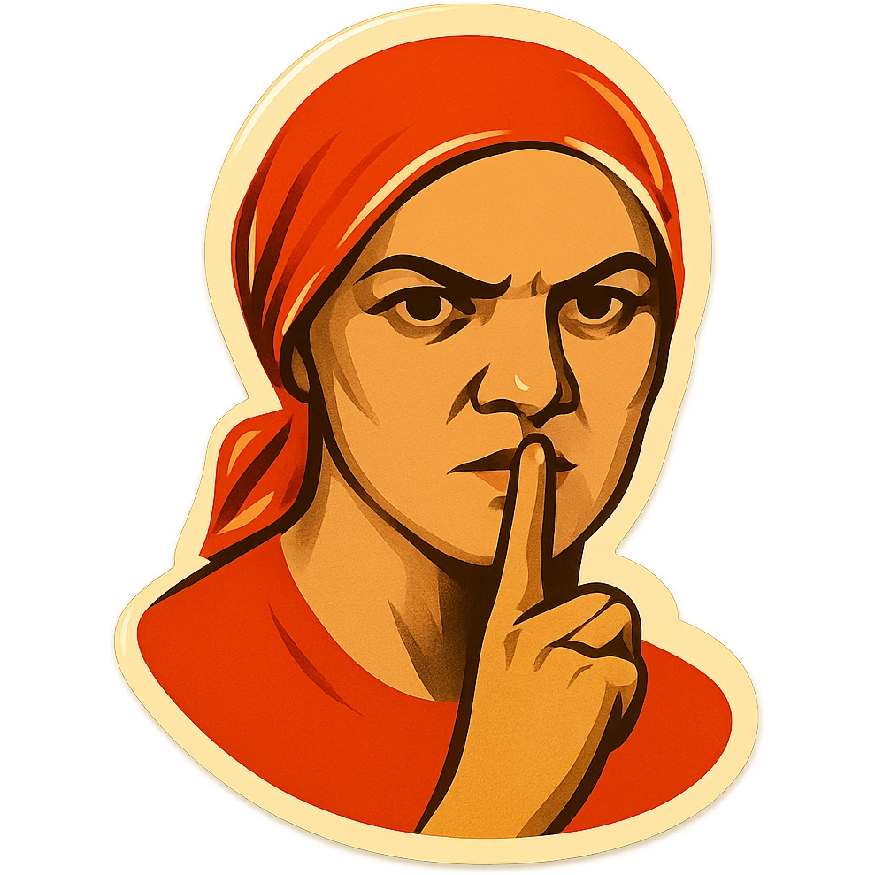 stylized emoji inspired by USSR 'не болтай' propaganda poster, woman with finger to lips, bold graphic style, Soviet poster aesthetic emoji