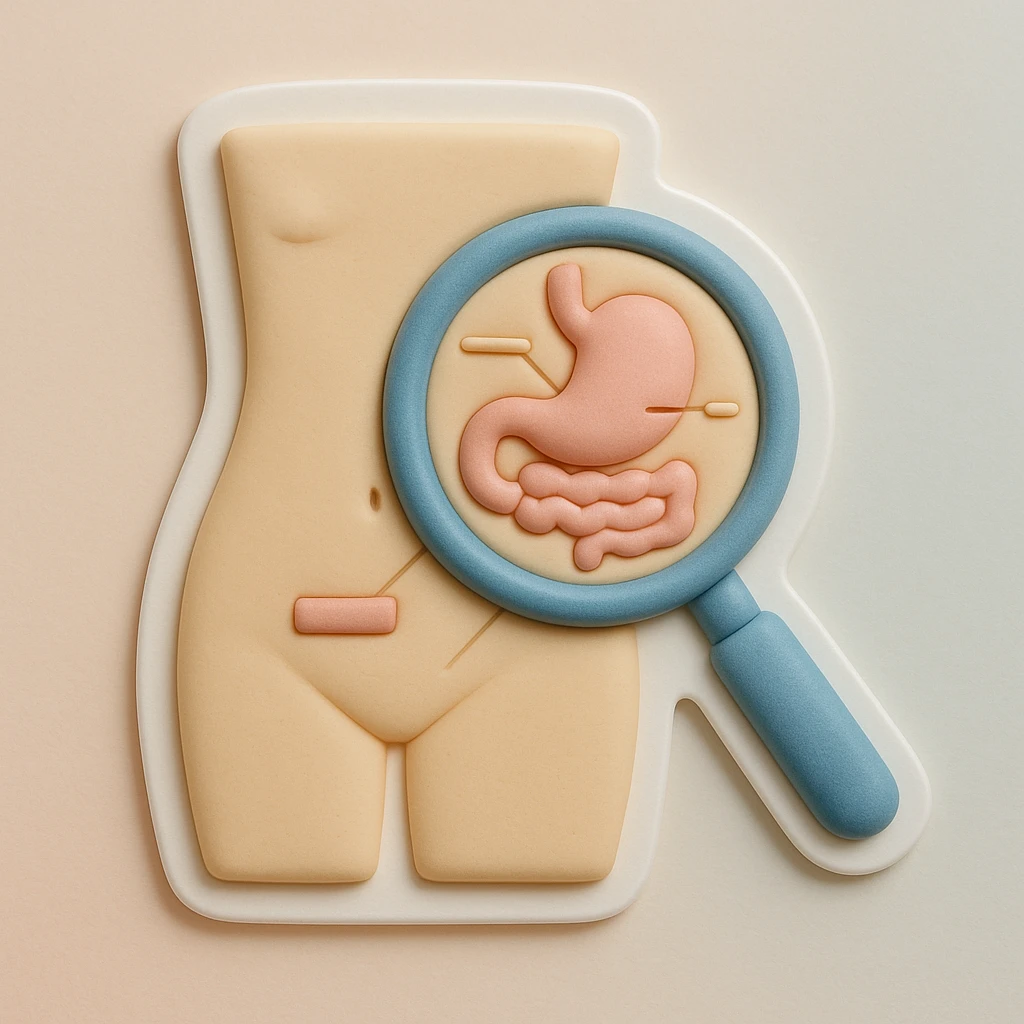 medical-style sticker of a magnifying glass focusing on the abdomen, with anatomical details and a clinical, clean look, medical illustration style, subtle labels, diagram lines emoji