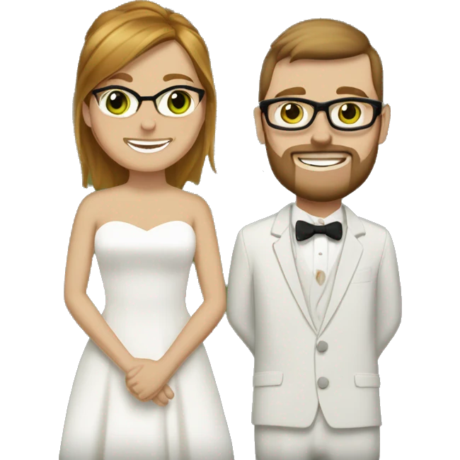 wedding between woman with short brown mullet, green eyes, and slightly olive skintone, and broad man one foot taller with medium length reddish blonde hair, facial hair, and square framed glasses emoji