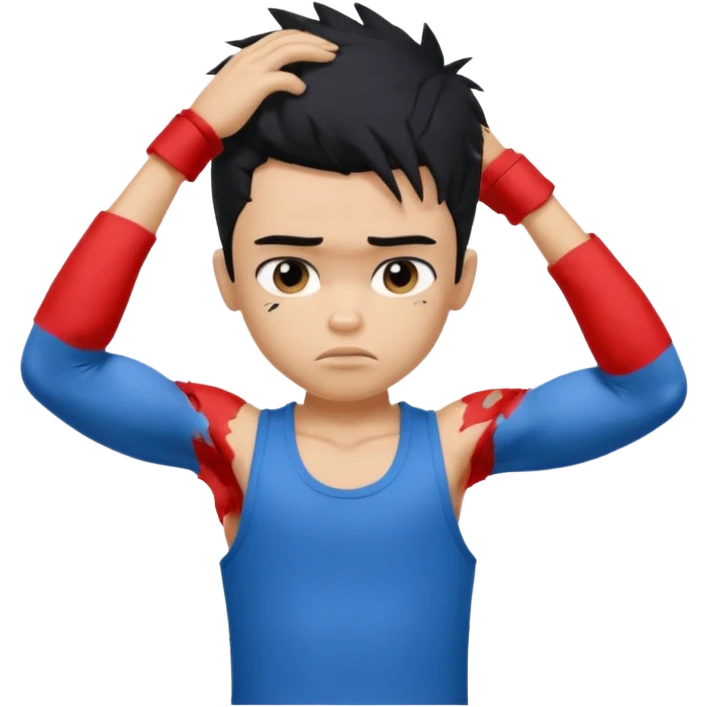 a PRETTY BRATZ boy with black messy hair, one hand on head. looking sad. lean biceps emoji