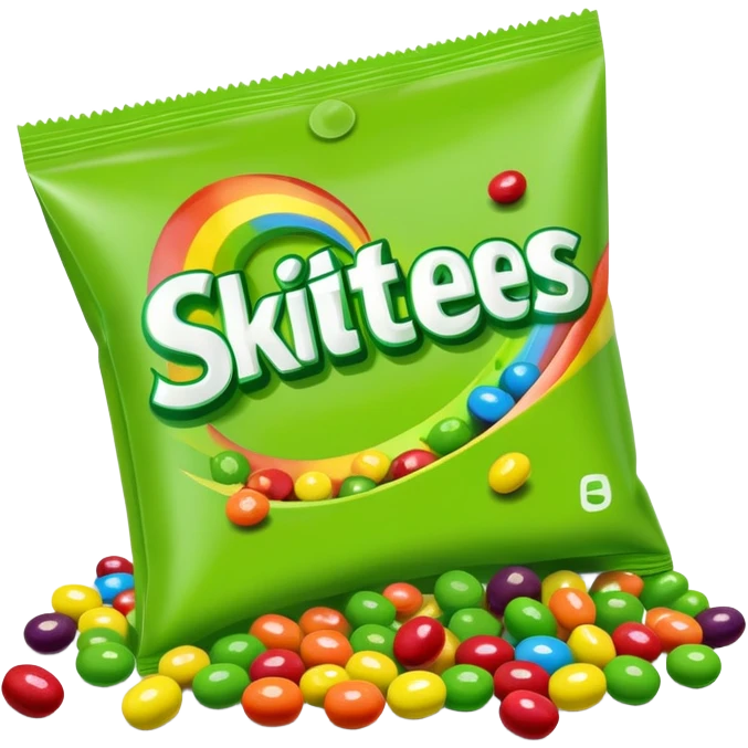 A colorful Skittles candy pack with green candies spilling out. Minimalist design with bright rainbow colors on the package and only green Skittles candies. emoji