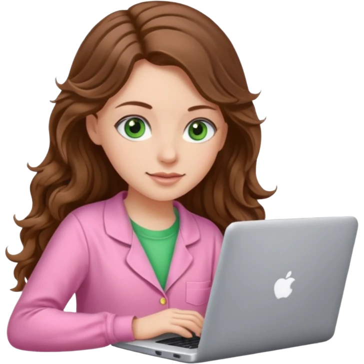 make a picture in ios 18 style of a white girl with brown long wavy hair and green eyes wearing pink pajamas and working on a laptop emoji