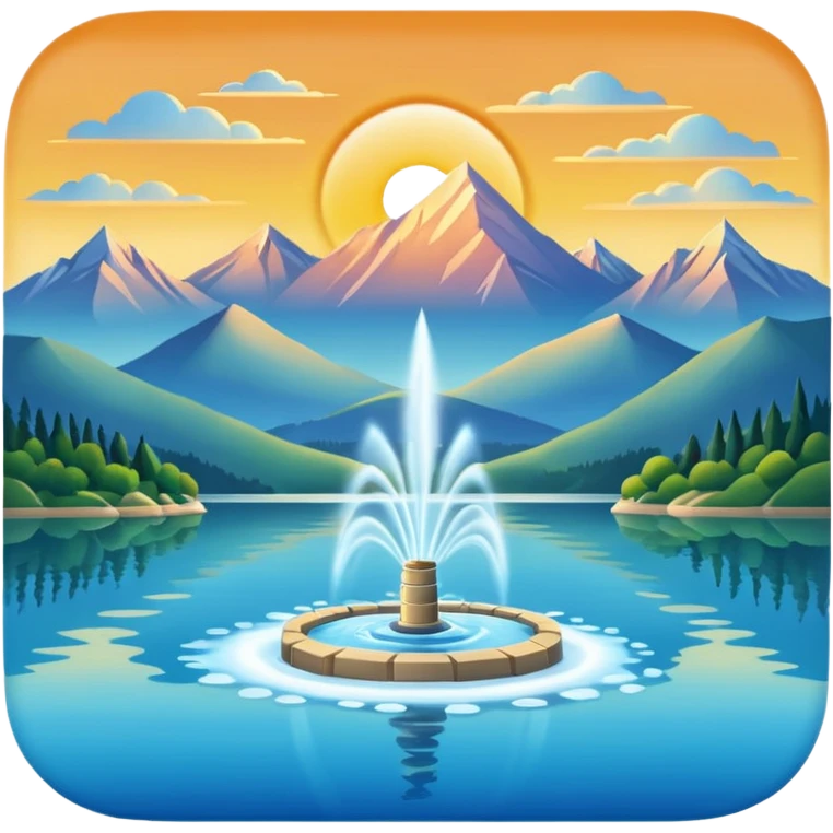 Please generate an image of a sunrise illuminating a lake with a huge water jet like that in the Geneva lake and some mountains in the background. emoji
