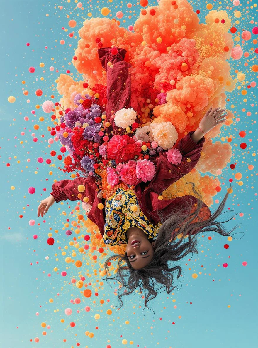 Closeup photo of a woman falling around explosion of a colorfull flowers wearing alternative fashion, blue sky minimalistic background emoji