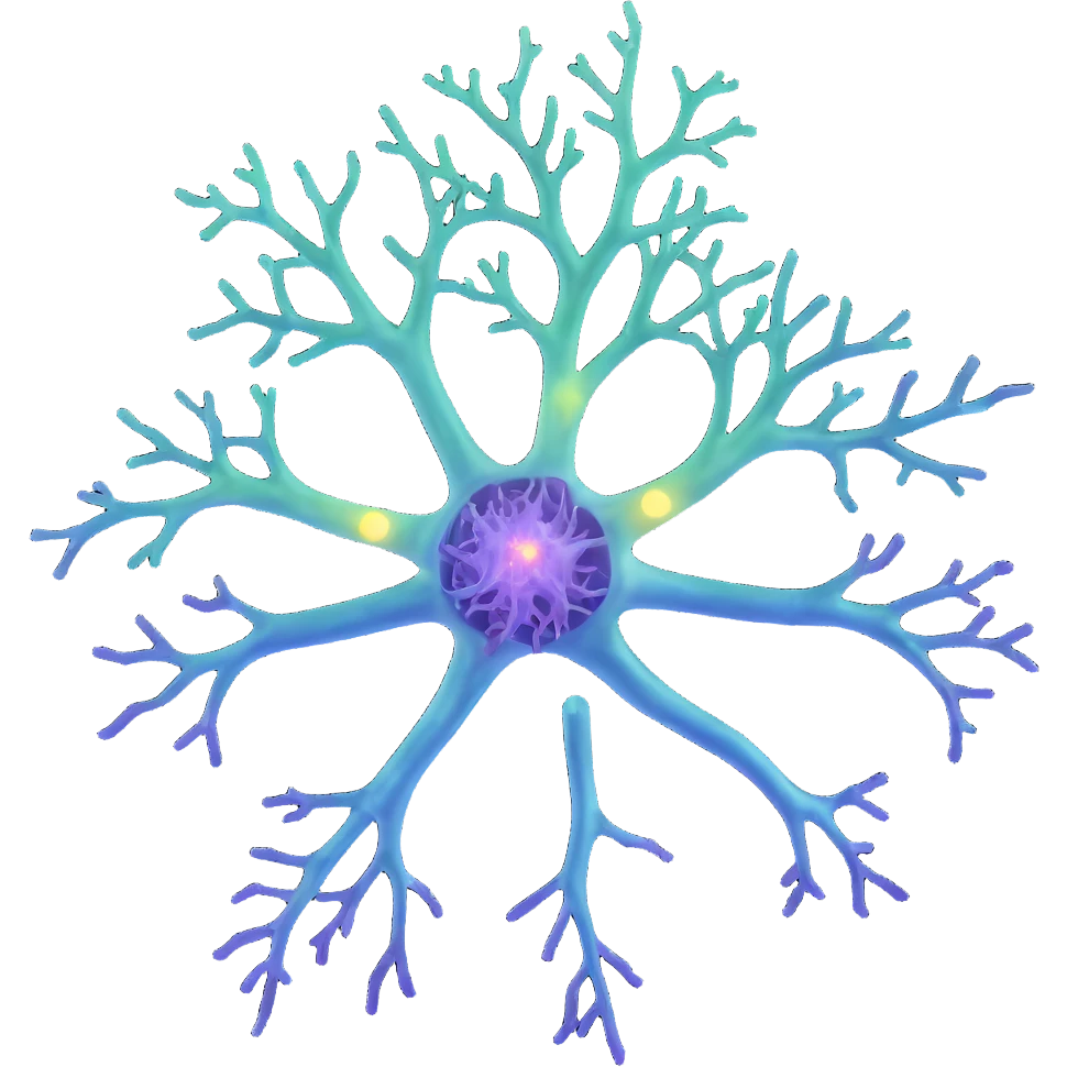 Realistic 3D neuron diagram with blue cell body, purple dendrites, green axon with myelin sheath, surrounded by glowing protective aura, scientific illustration with depth and detail emoji