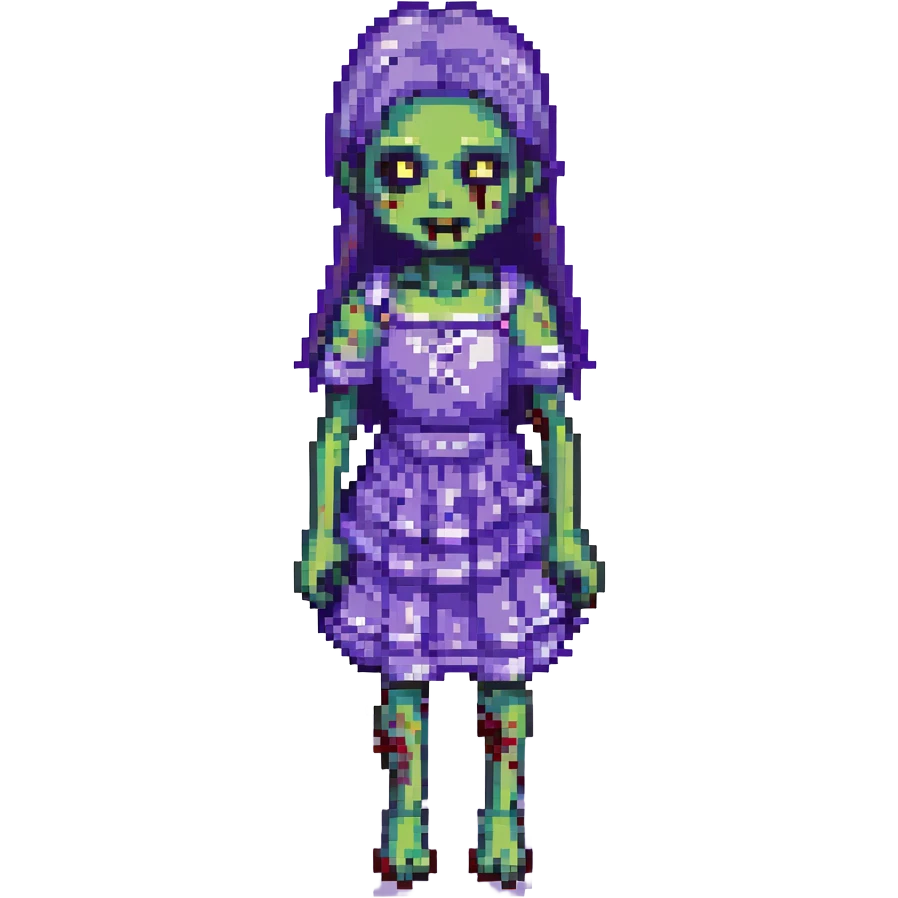 pixel art zombie girl, purple dress, missing arm, playful expression emoji