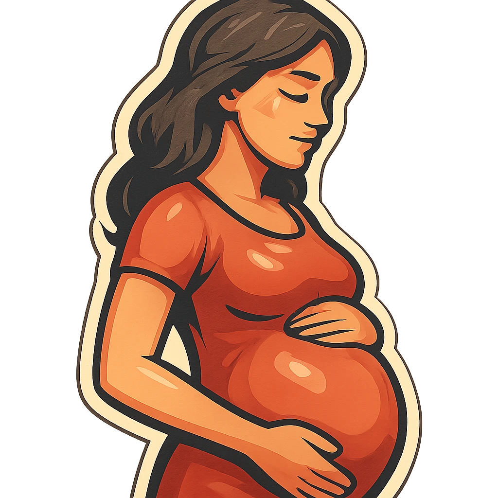 pregnant woman half-length portrait, standing sideways, holding belly, face and head fully in frame, retro stickers style, soft rounded shapes, expressive contours, vintage color palette, light paper texture, shadows and highlights, transparent background emoji