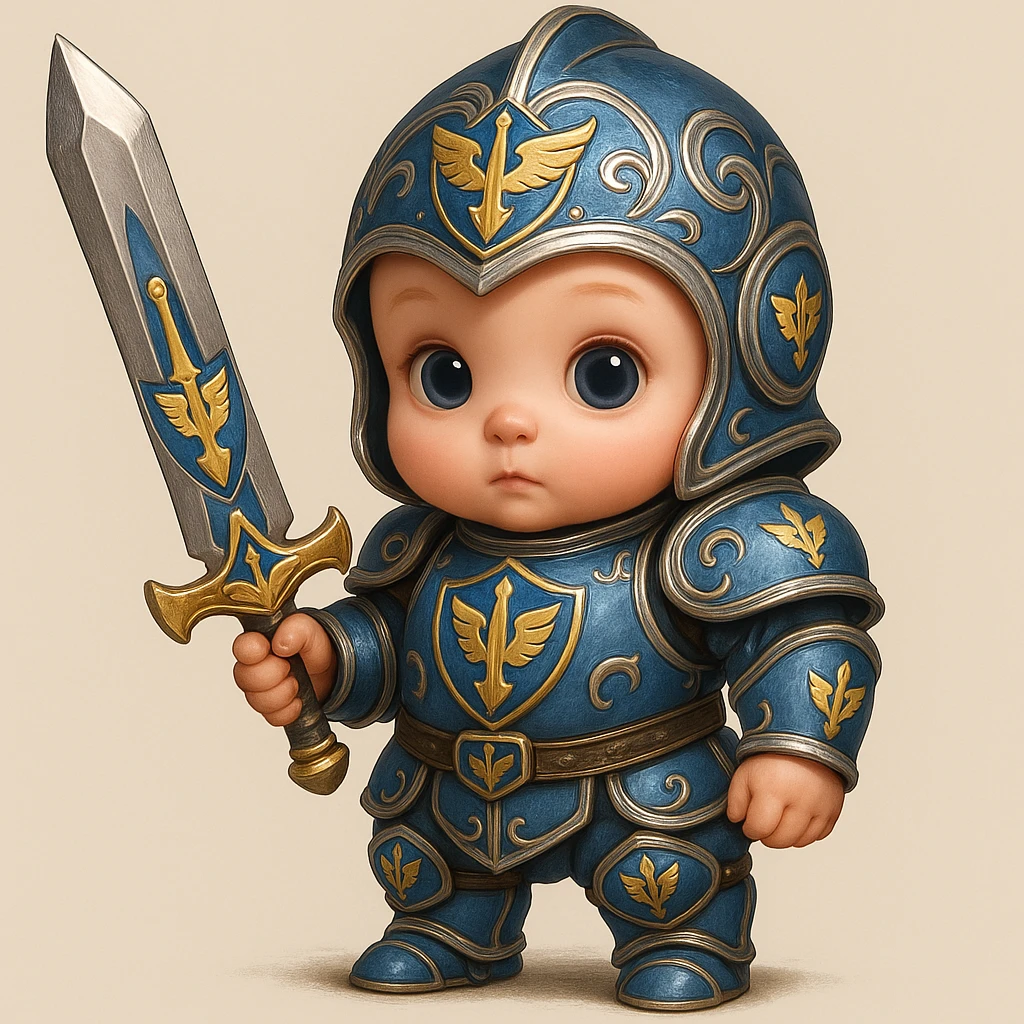 Incorporate a Demacian crest onto the ornate blue and silver armor and sword of the cute baby knight, in a style that matches the original image's cute and noble baby knight appearance. emoji