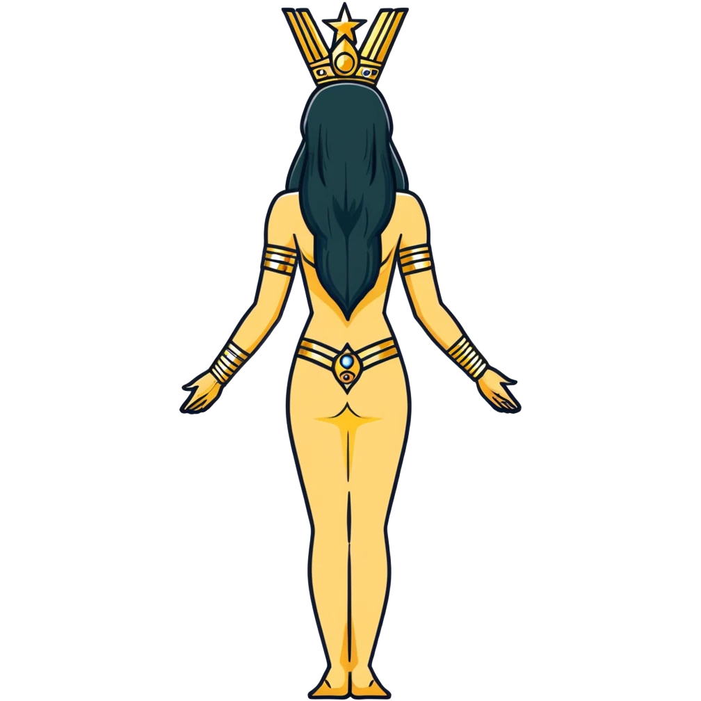 fullbody back view of Anunnaki goddess Inanna with long flowing black hair, Mesopotamian star symbols, exposed naked back, simple gold cuffs on wrists and feet, arms relaxed downward, rich dark brown skin emoji
