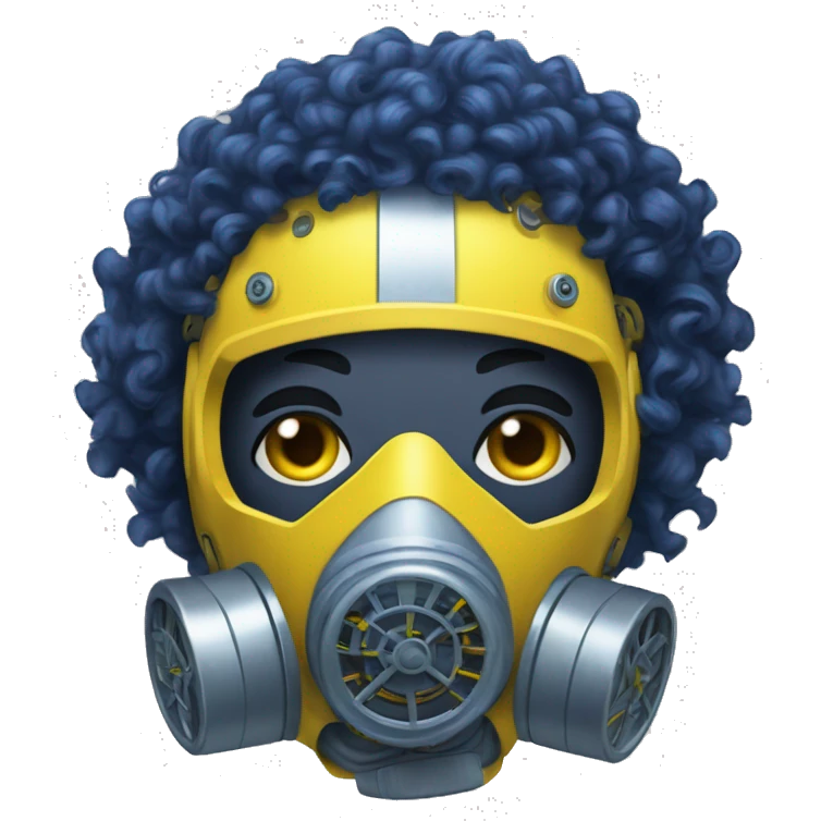 Dark Blue curly hair cyborg head with yellow respirator mask and circuitry emoji