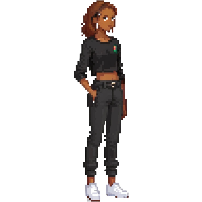 personaje con piel marrón, pelo peinado para el lado, ropa negra, pantalones un poco bajados emoji
