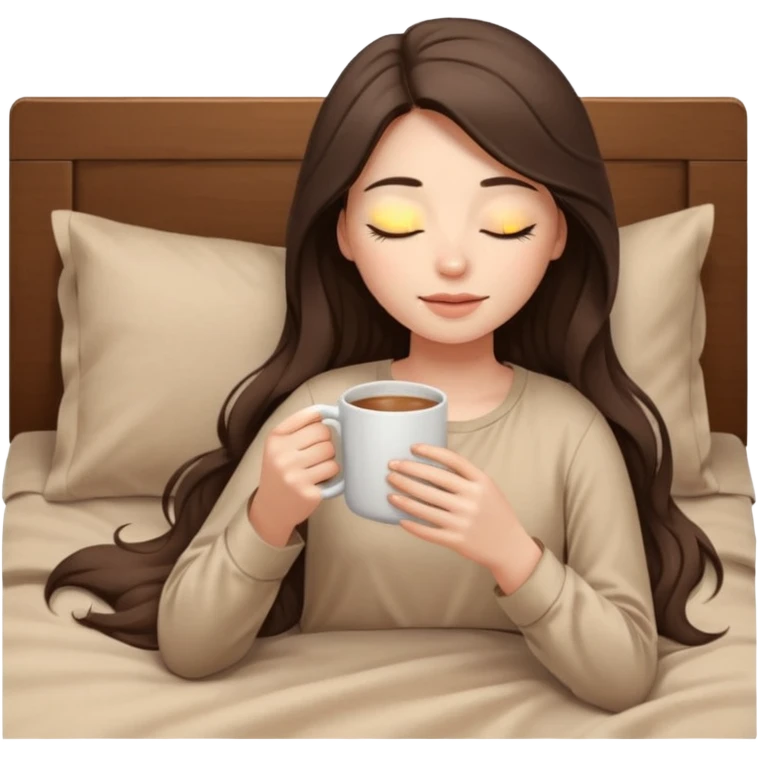 brunette girl with closed eyes lies on bed with brown bed linen in beige blouse with long hair and holds mug close up emoji