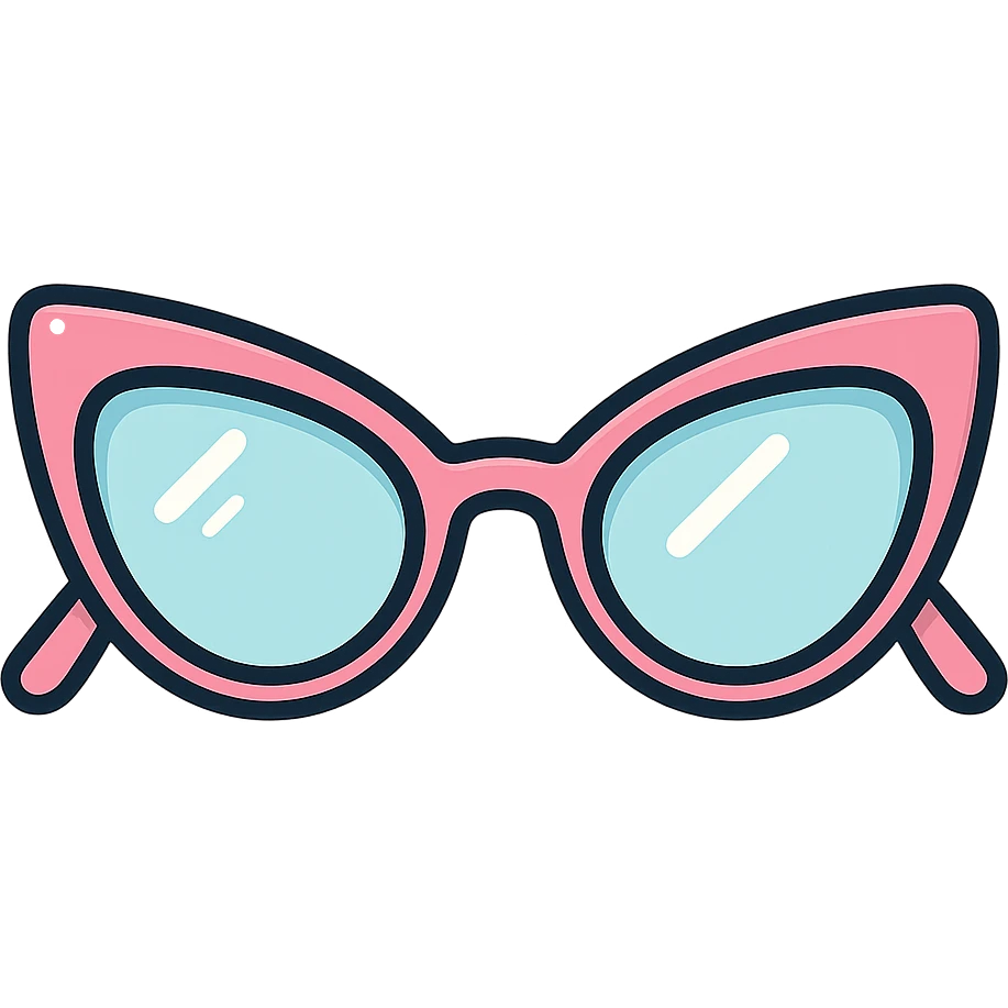 stylish cat eye eyeglasses with diopters, front view, vector look with shadows and highlights, detailed shading, thin clean outlines, pastel palette, Japanese pop art, sticker look, highly detailed emoji