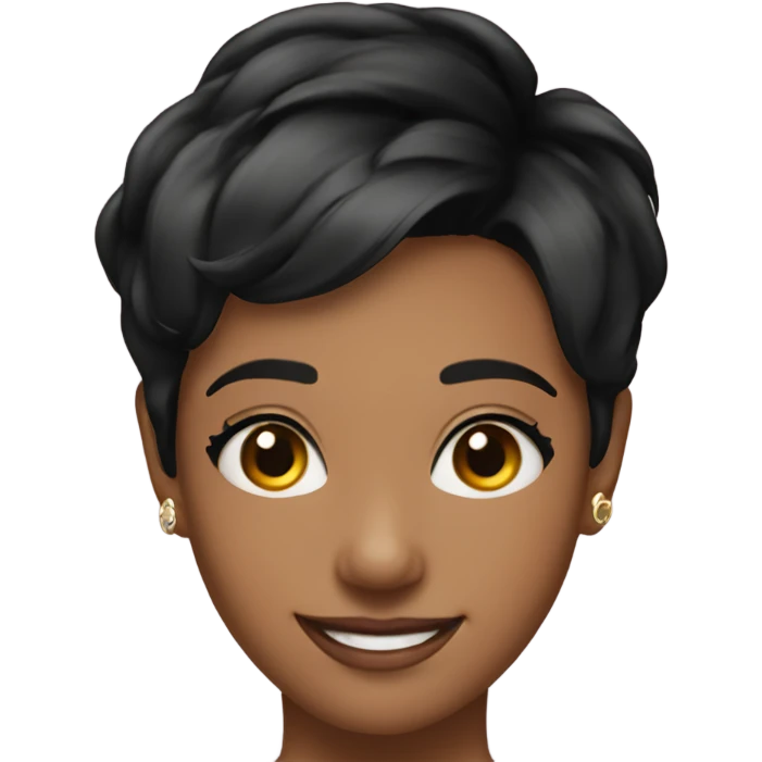 young pretty woman short pixie cut smiling, black hair emoji