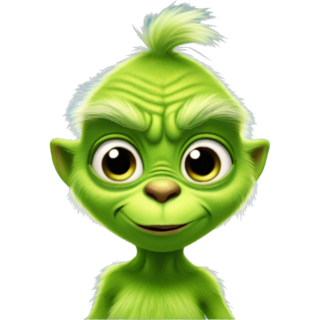 Cute fuzzy animated baby grinch with a smile and big googly eyes emoji