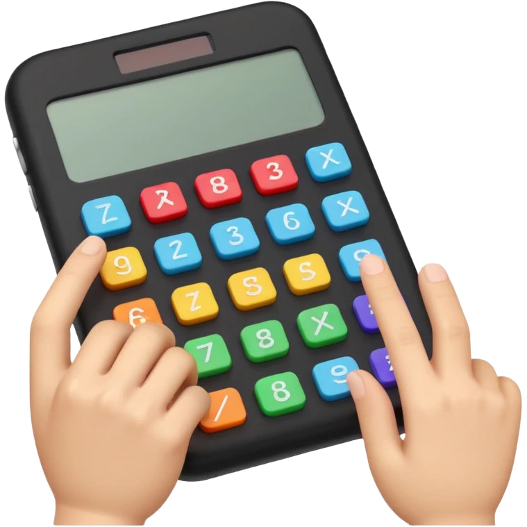 3D iPhone style emoji of a person using a calculator, finger pressing colorful buttons, digital display showing numbers, isolated on white background, soft shadows, high detail, playful and cute. emoji