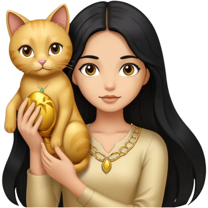 girl with long black hair with dark eyes and a gold cat emoji