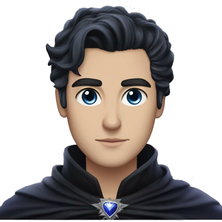 Rhysand has straight short blue-black hair, like a raven's feathers and violet eyes with flecks of silver like starlight, he wears a black cloak and a black and silver crown emoji